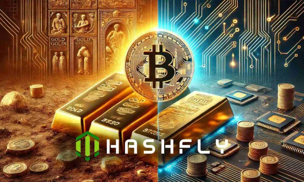 большие деньги и золотые слитки на фоне цифровых кодов блокчейна