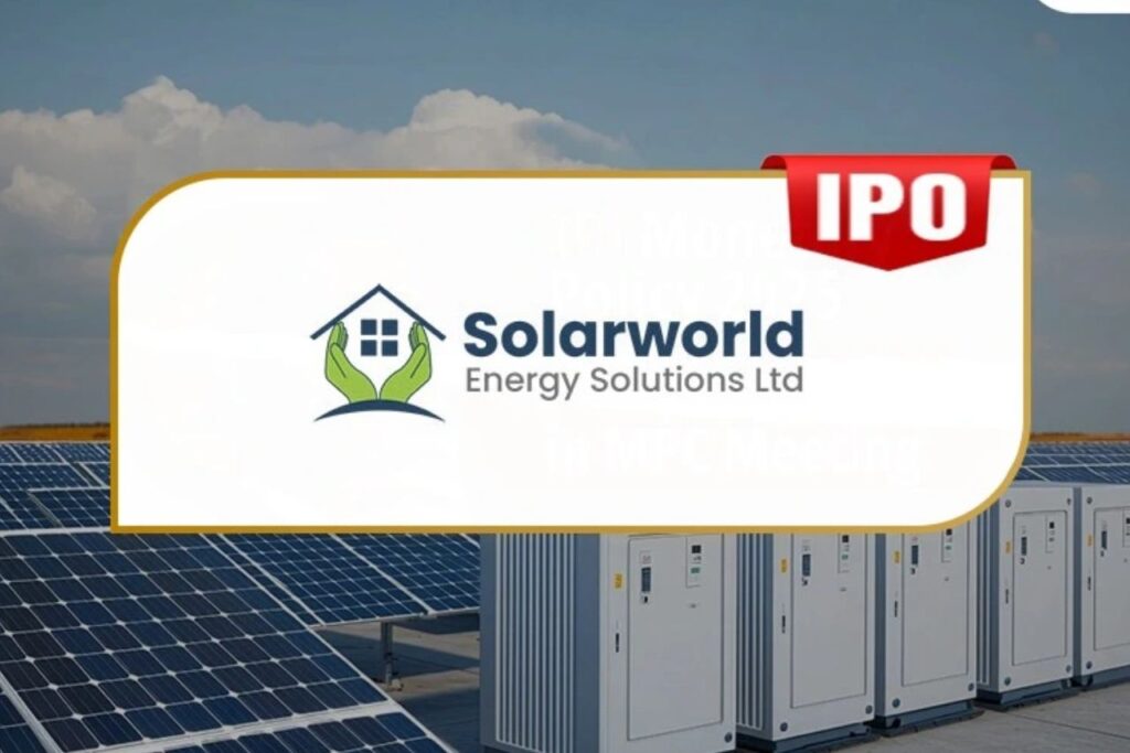 A large solar panel installation with a bright sun in the background, symbolizing renewable energy and growth in the solar sector, relevant to Solarworld Energy Solutions Ltd IPO.